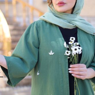 مانتو الیاف طبیعی جلو باز گلدوزی مدل مریم رنگ سبز