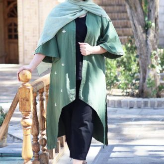 مانتو الیاف طبیعی جلو باز گلدوزی مدل مریم رنگ سبز